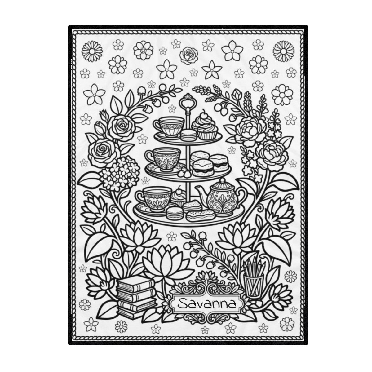 Personalized afternoon tea coloring & doodle blanket, black line art tea set motif on white