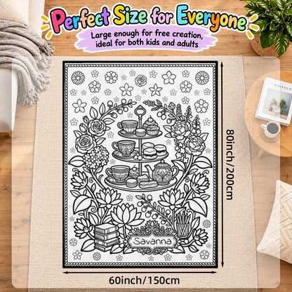 Color-your-own coloring blanket with floral tea set line art and “Savanna”