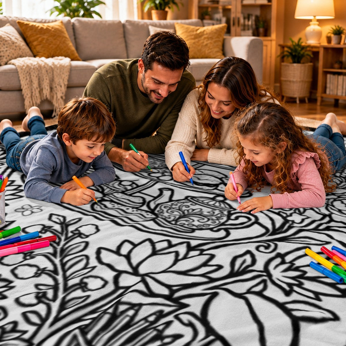 Personalized afternoon tea coloring & doodle blanket, family coloring black-and-white floral design