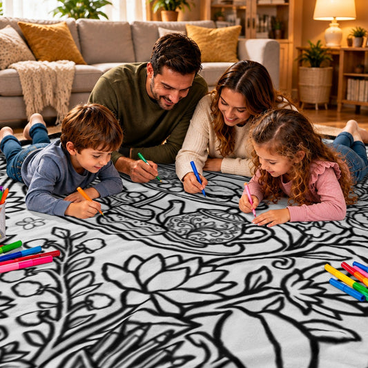 Personalized afternoon tea coloring & doodle blanket, family coloring black-and-white floral design