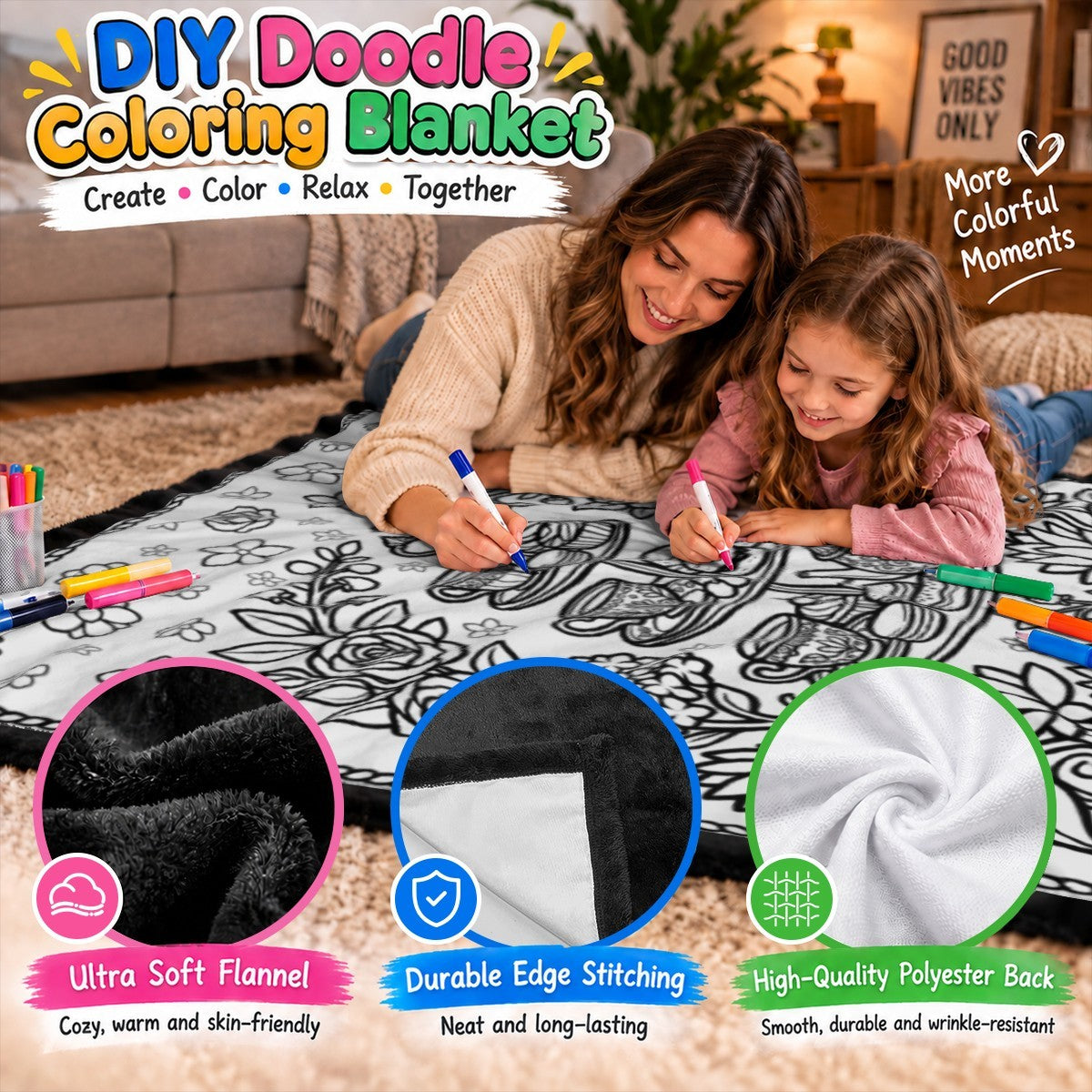 Personalized afternoon tea coloring & doodle blanket being colored by family on a sofa