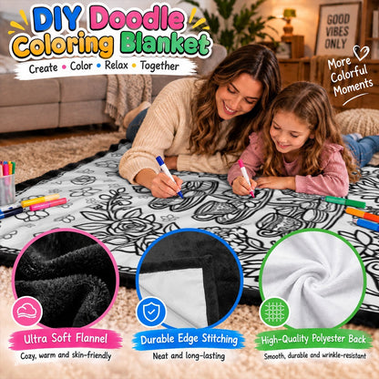 Personalized afternoon tea coloring & doodle blanket being colored by family on a sofa