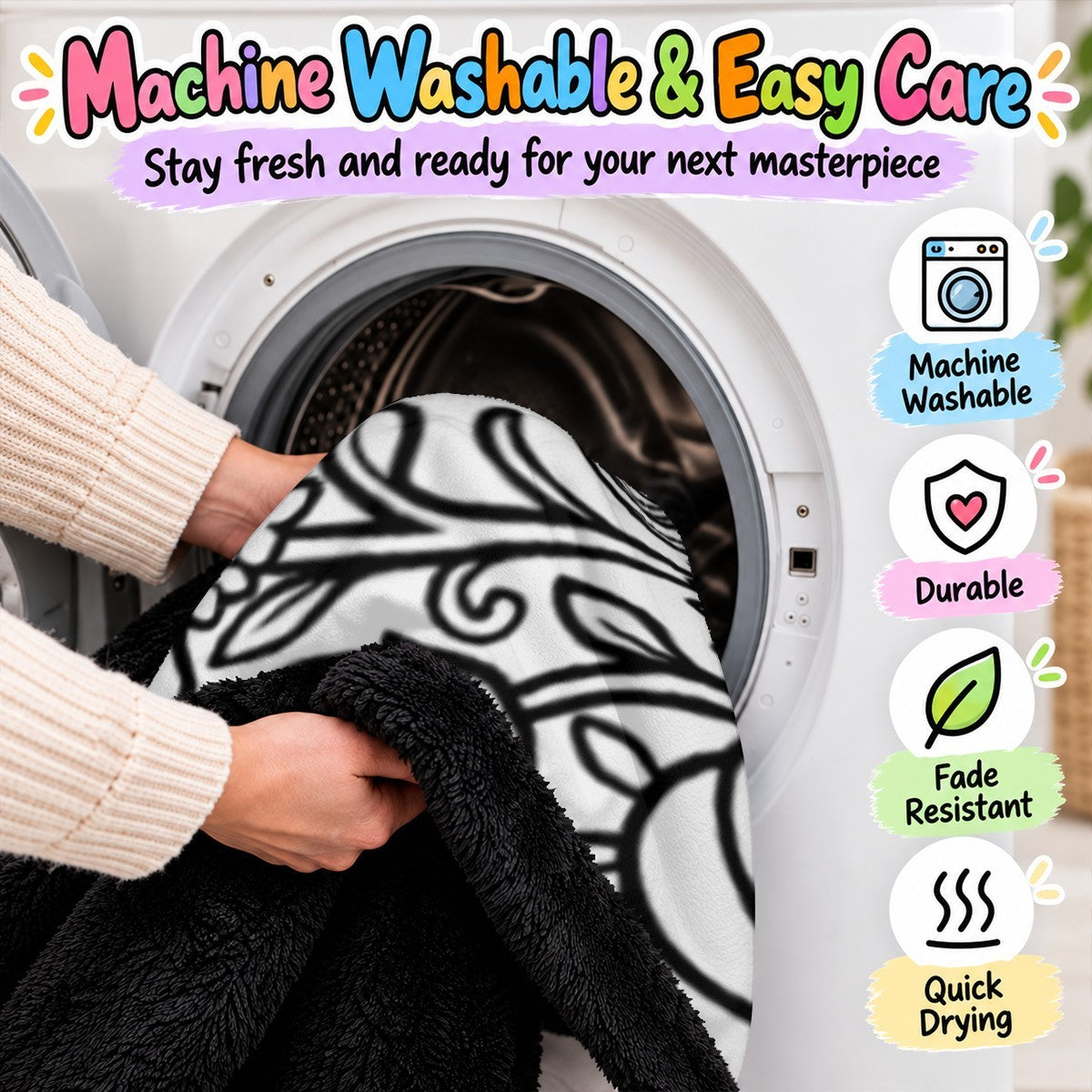 Personalized afternoon tea coloring & doodle blanket in a washing machine drum, black-and-white design