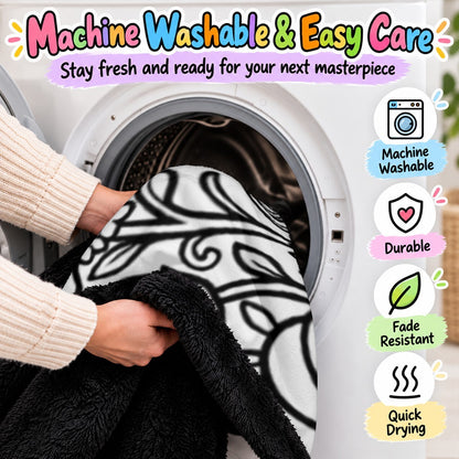 Personalized afternoon tea coloring & doodle blanket in a washing machine drum, black-and-white design
