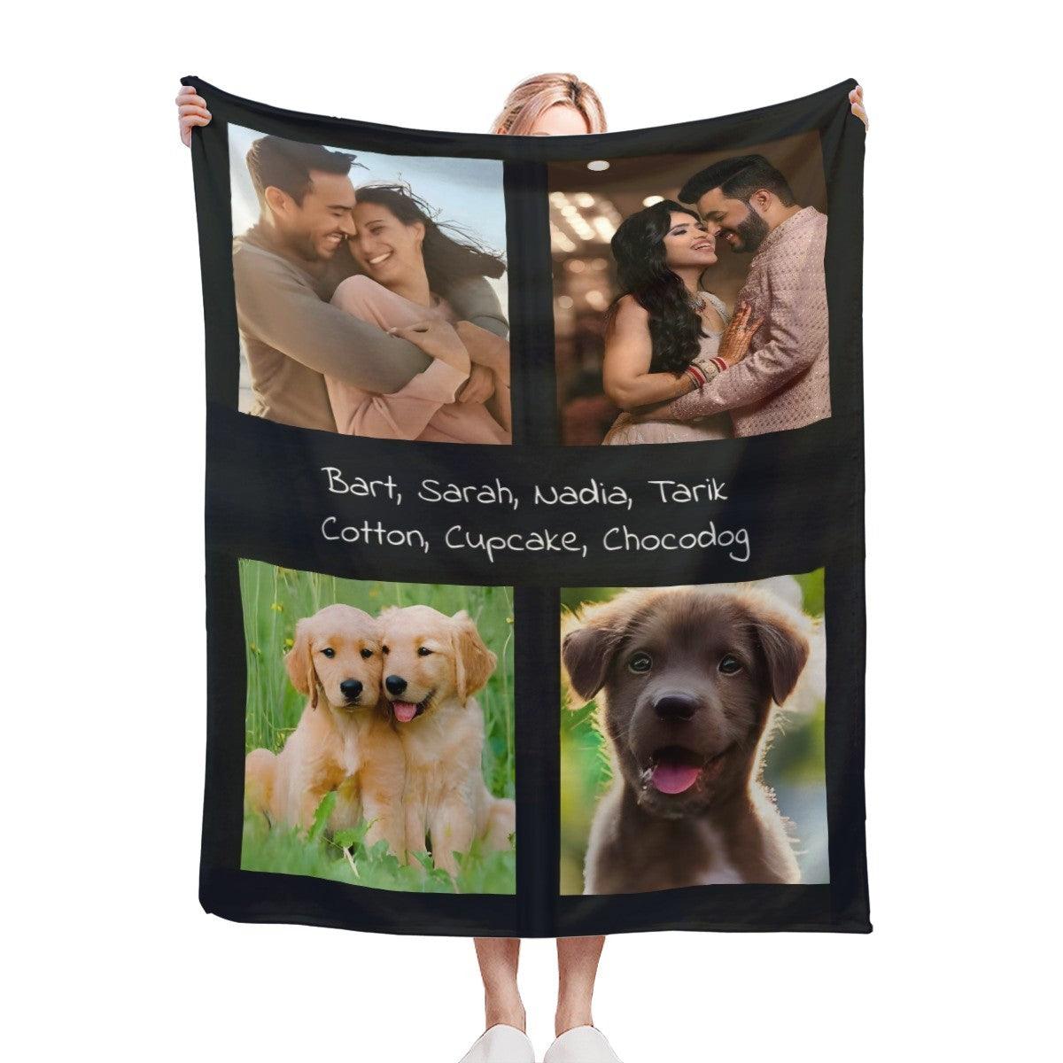 Photo collage blanket with names, black fabric with four panels and handwritten names