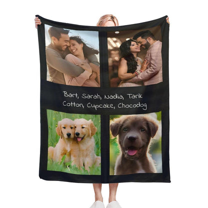 Photo collage blanket with names, black fabric with four panels and handwritten names