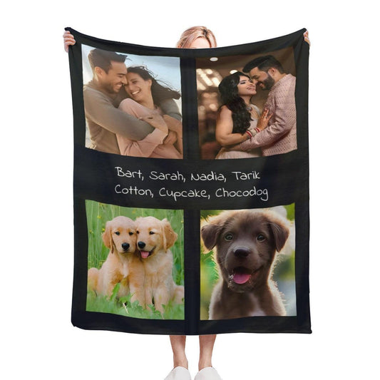 Photo collage blanket with names, black fabric with four panels and handwritten names
