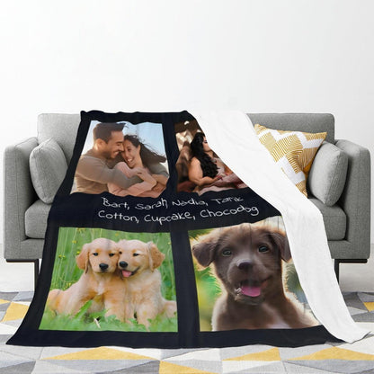 Photo collage blanket with names on sofa, black fabric with four photo panels and handwritten names