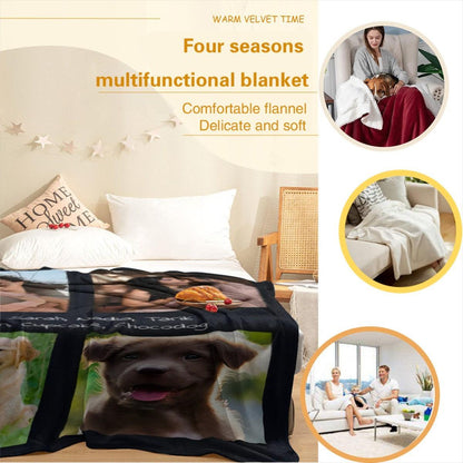 Photo collage blanket with names, black fabric showing four photo squares with couple and dog images