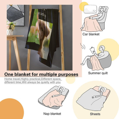Photo collage blanket with names, black blanket with four-image collage featuring pets and couples