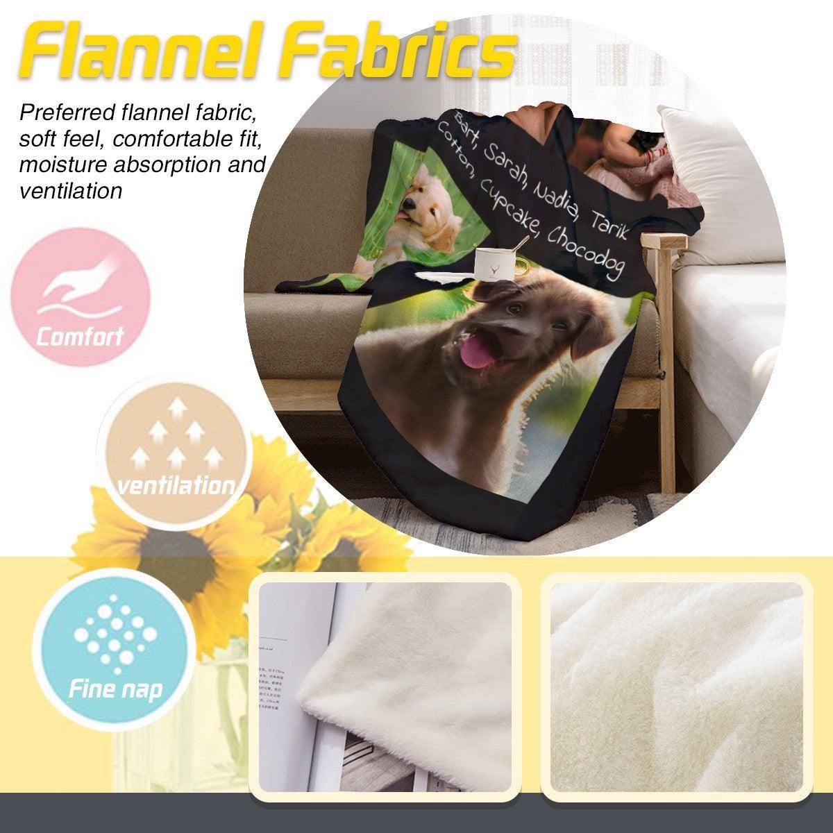 Flannel photo collage blanket with names, black fabric with four photo panels and close-up texture