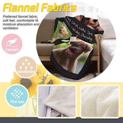 Flannel photo collage blanket with names, black fabric with four photo panels and close-up texture