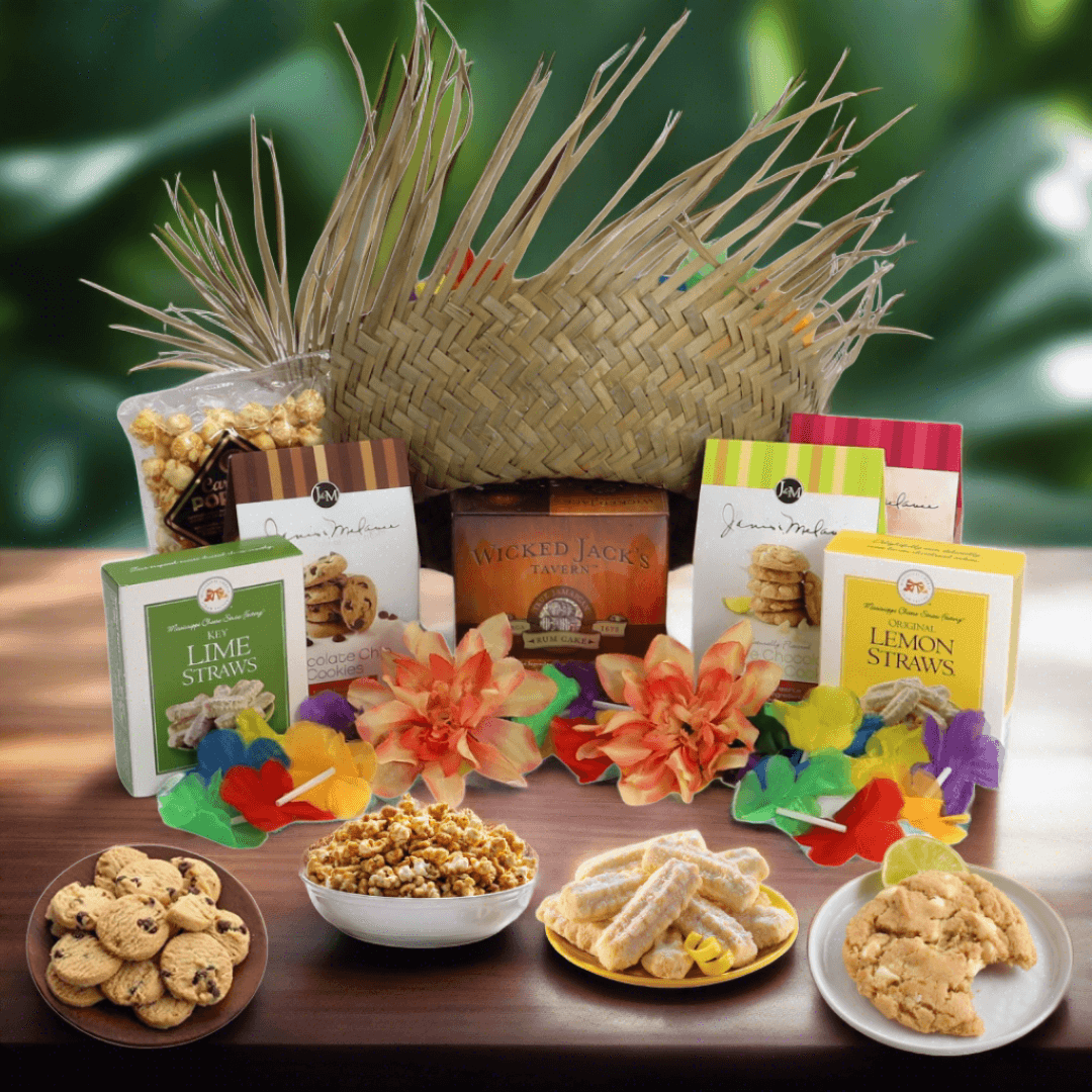 Woven straw gift basket with assorted snack boxes, candies, and cookies