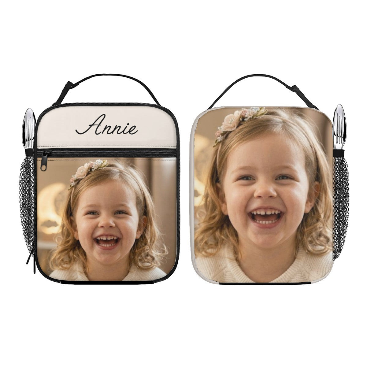 White custom photo lunch bag with black zipper and carry handle