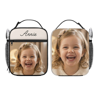 White custom photo lunch bag with black zipper and carry handle