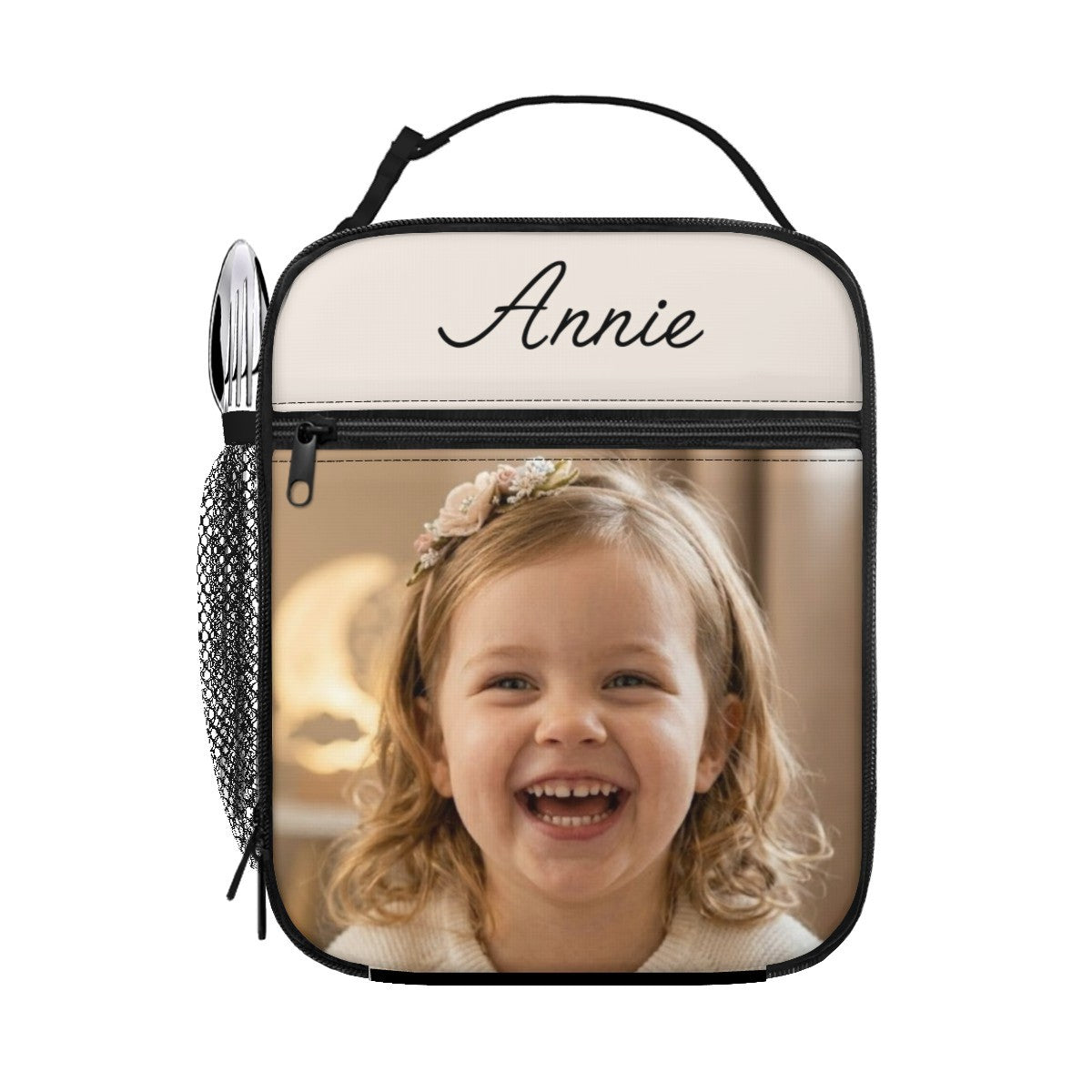 White custom photo lunch bag with 'Annie' name and black top zipper