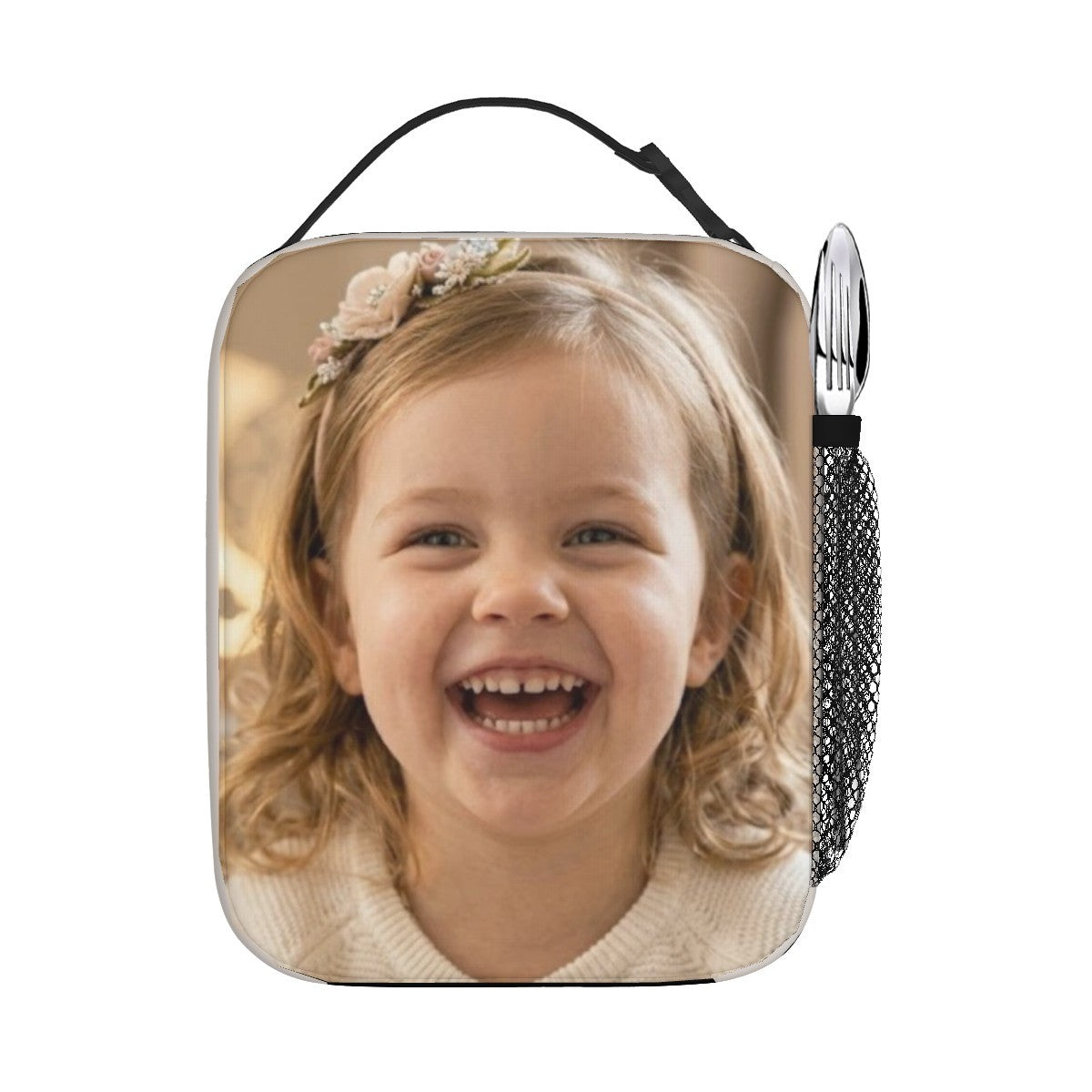 White custom photo lunch bag with black mesh side panels and top carry handle