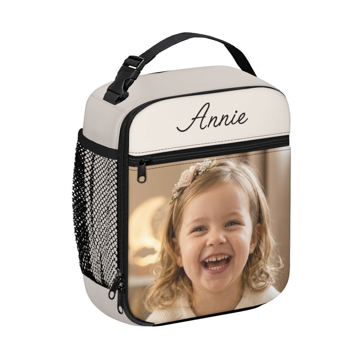 White custom photo lunch bag with 'Annie' front panel and shoulder strap