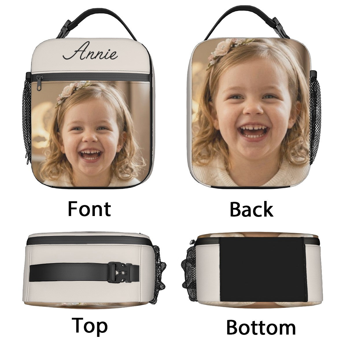 White custom photo lunch bag shown in front, back, top, and bottom views