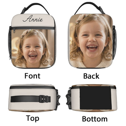 White custom photo lunch bag shown in front, back, top, and bottom views