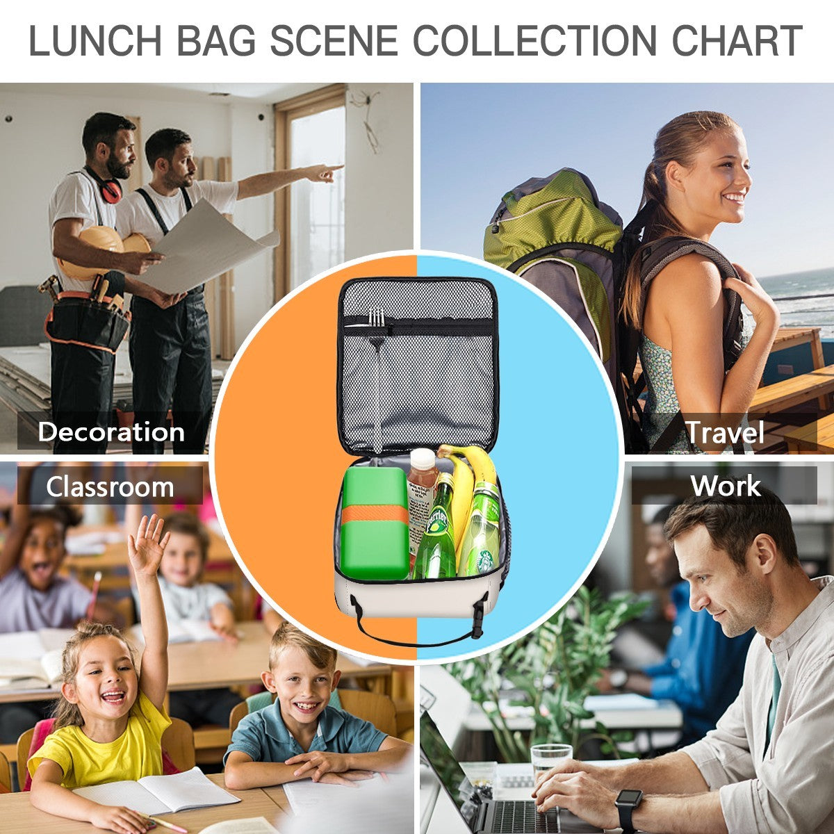Gray-black lunch bag in chart view, with front zipper and side mesh pocket