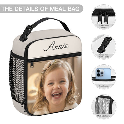 White custom photo lunch bag with front pocket, mesh side pocket, and durable zippers