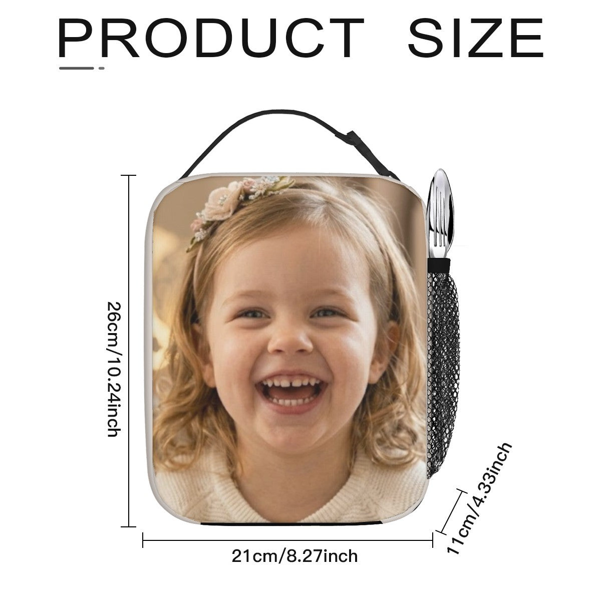 White custom photo lunch bag size diagram with 21cm width and 17cm height