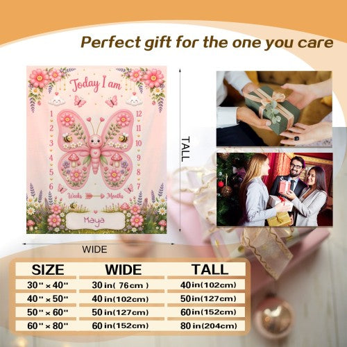 Personalized baby milestone blanket flat view, pink 'Today I am' bunny and Maya