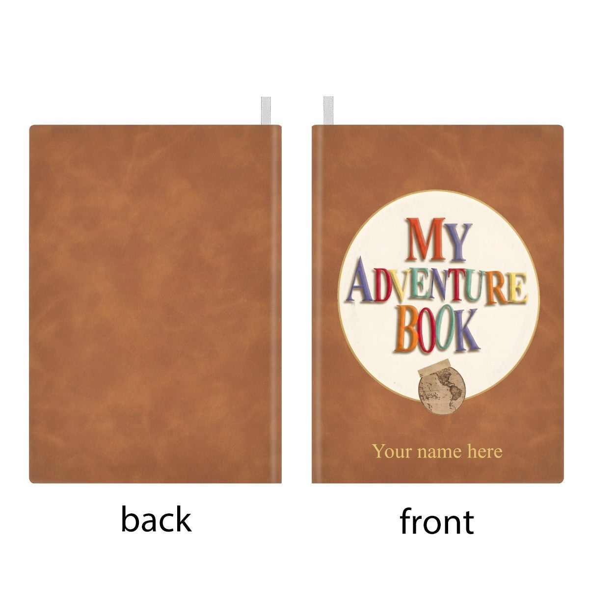 Brown faux-leather notebook back cover with white ribbon bookmark