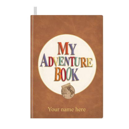 Brown faux-leather notebook front cover with “My Adventure Book” emblem and name line