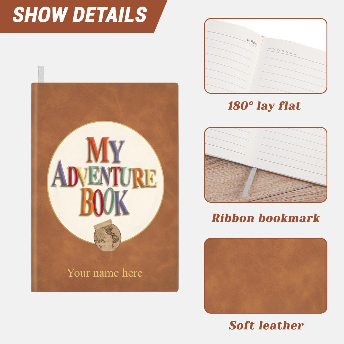 Brown faux-leather notebook cover with “My Adventure Book” emblem and ribbon bookmark