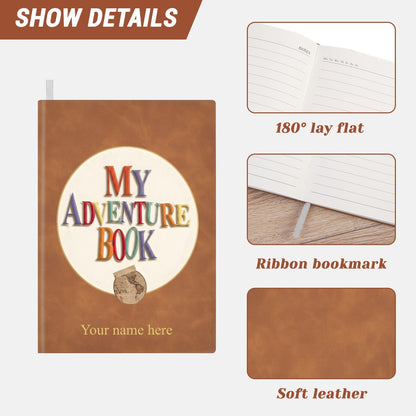 Brown faux-leather notebook cover with “My Adventure Book” emblem and ribbon bookmark