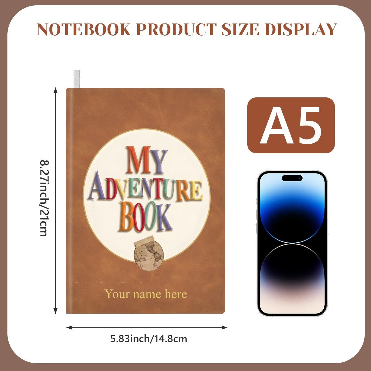 Brown A5 notebook cover with “My Adventure Book” emblem and “Your name here”