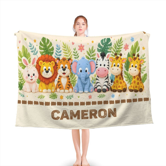 Personalized safari animal blanket with CAMERON name, jungle friends and leaf border