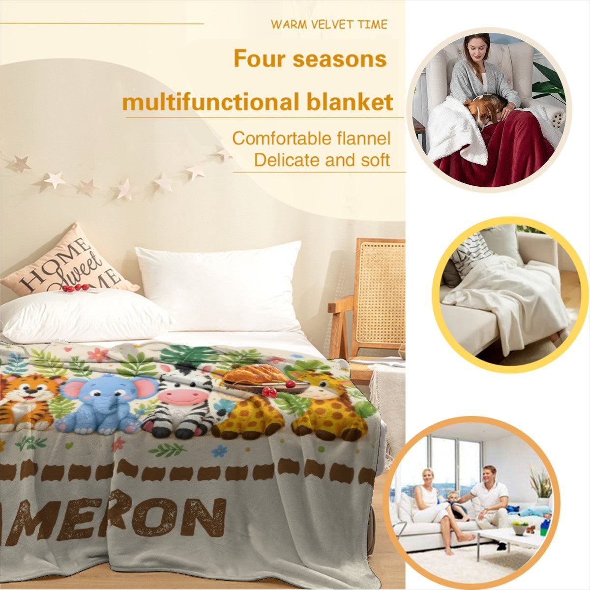 Flannel style blanket with safari animal print and ME RON text