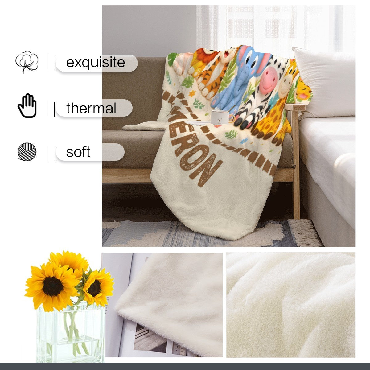 Safari animal blanket with large TRON text draped on sofa