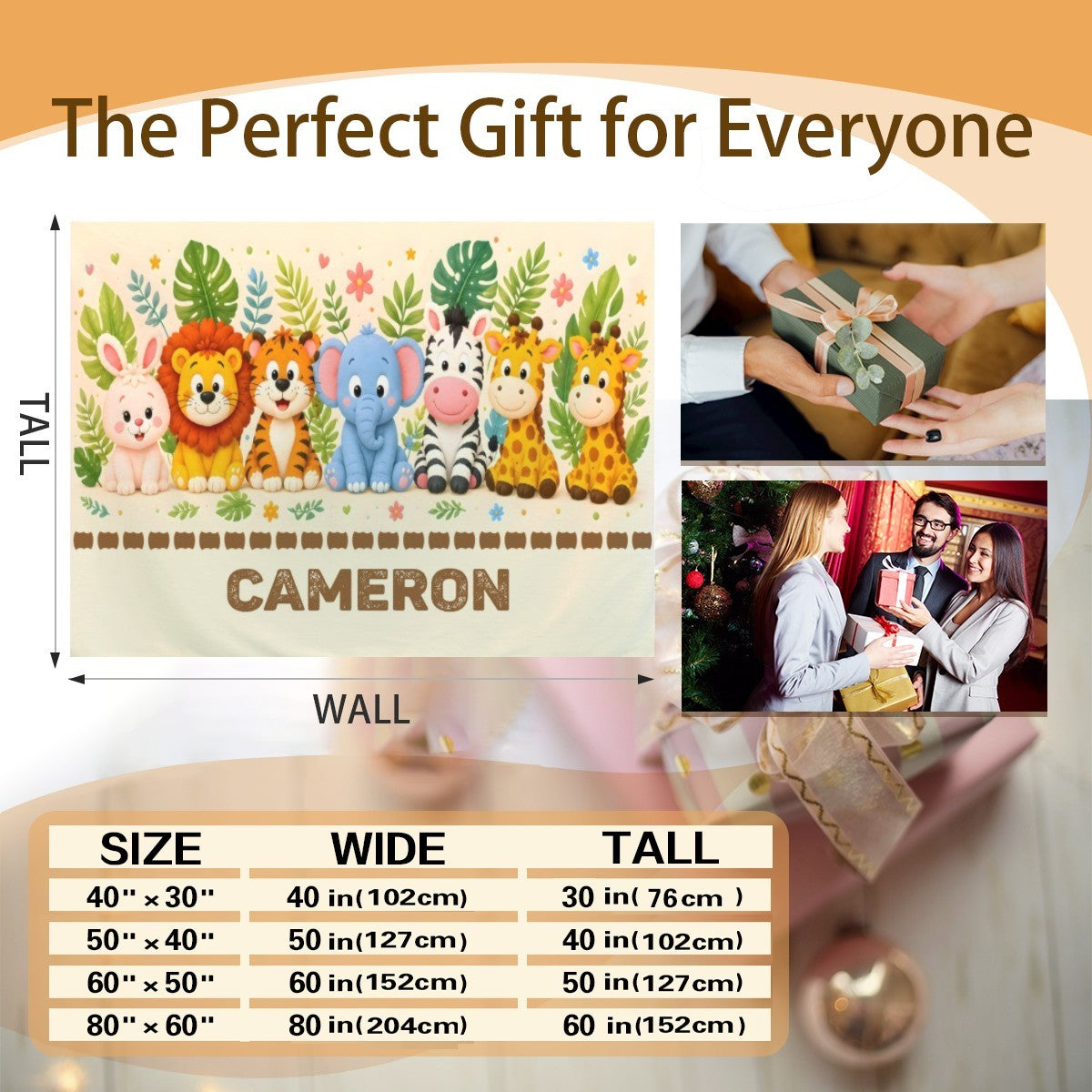 Personalized safari name blanket layout with CAMERON text and animal illustration