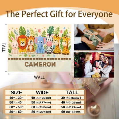 Personalized safari name blanket layout with CAMERON text and animal illustration