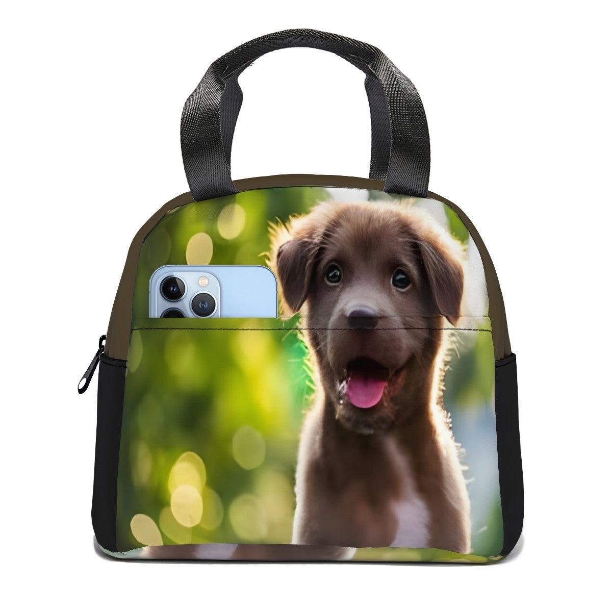 Insulated lunch tote bag with puppy photo front, black carry handles