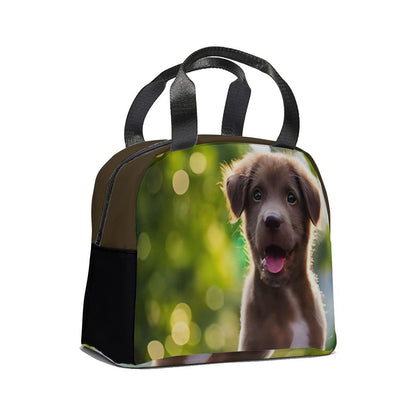 Insulated lunch tote bag side view with puppy print and black zip pocket