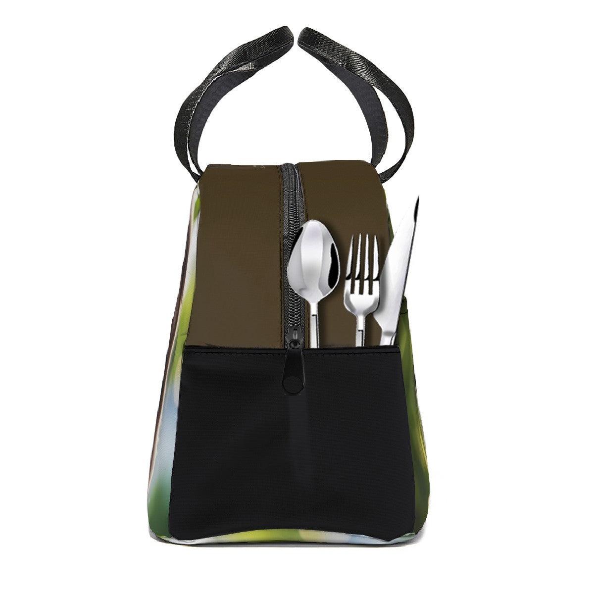 Insulated lunch tote bag with cutlery graphic front pocket and puppy design