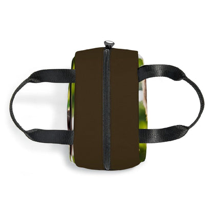 Insulated lunch tote bag back view with zipper, black carry straps