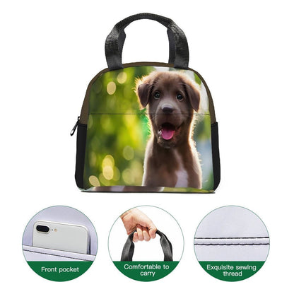 Insulated lunch tote bag with puppy print, front pocket and black zipper