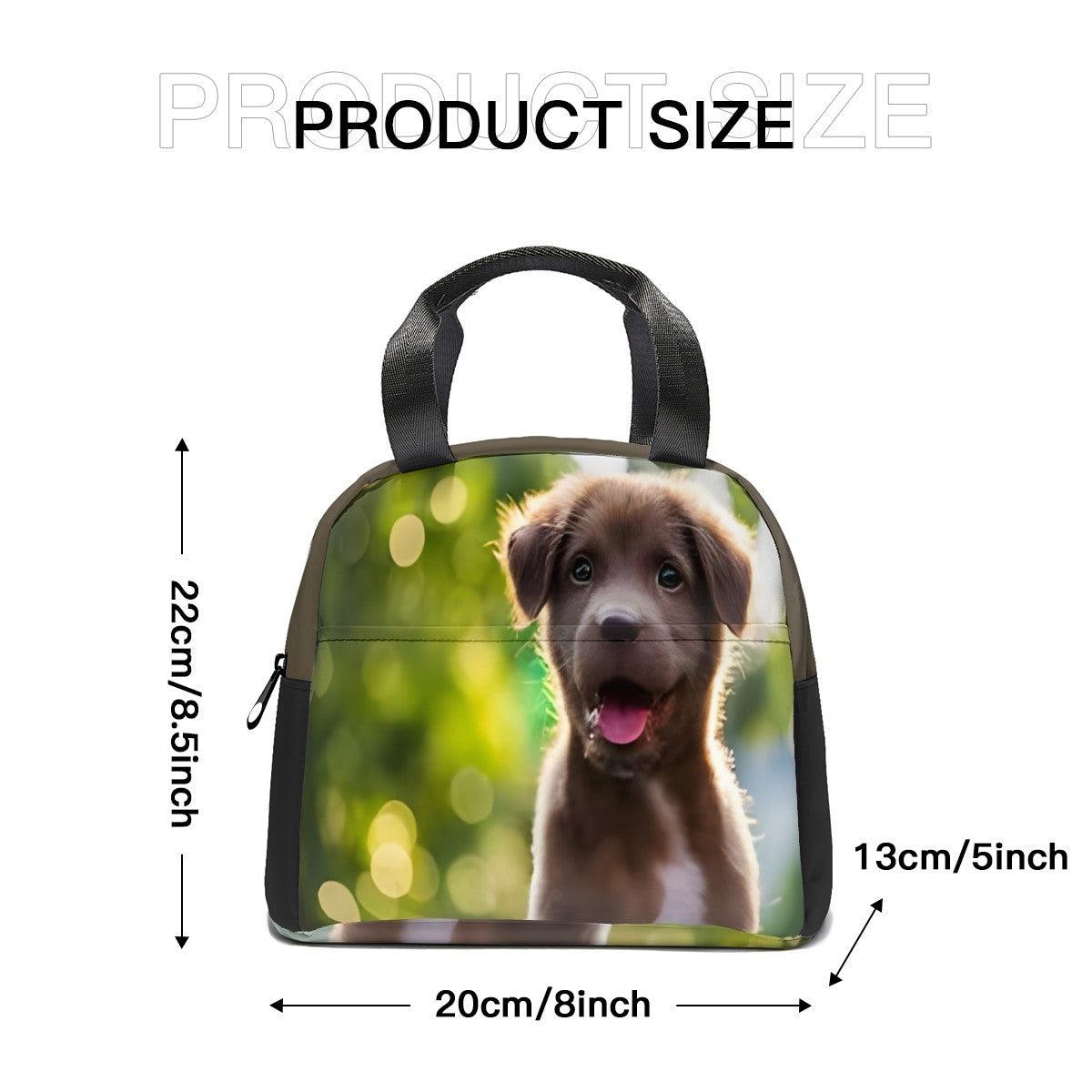 Puppy-printed insulated lunch tote bag with size measurements, 20cm x 22cm
