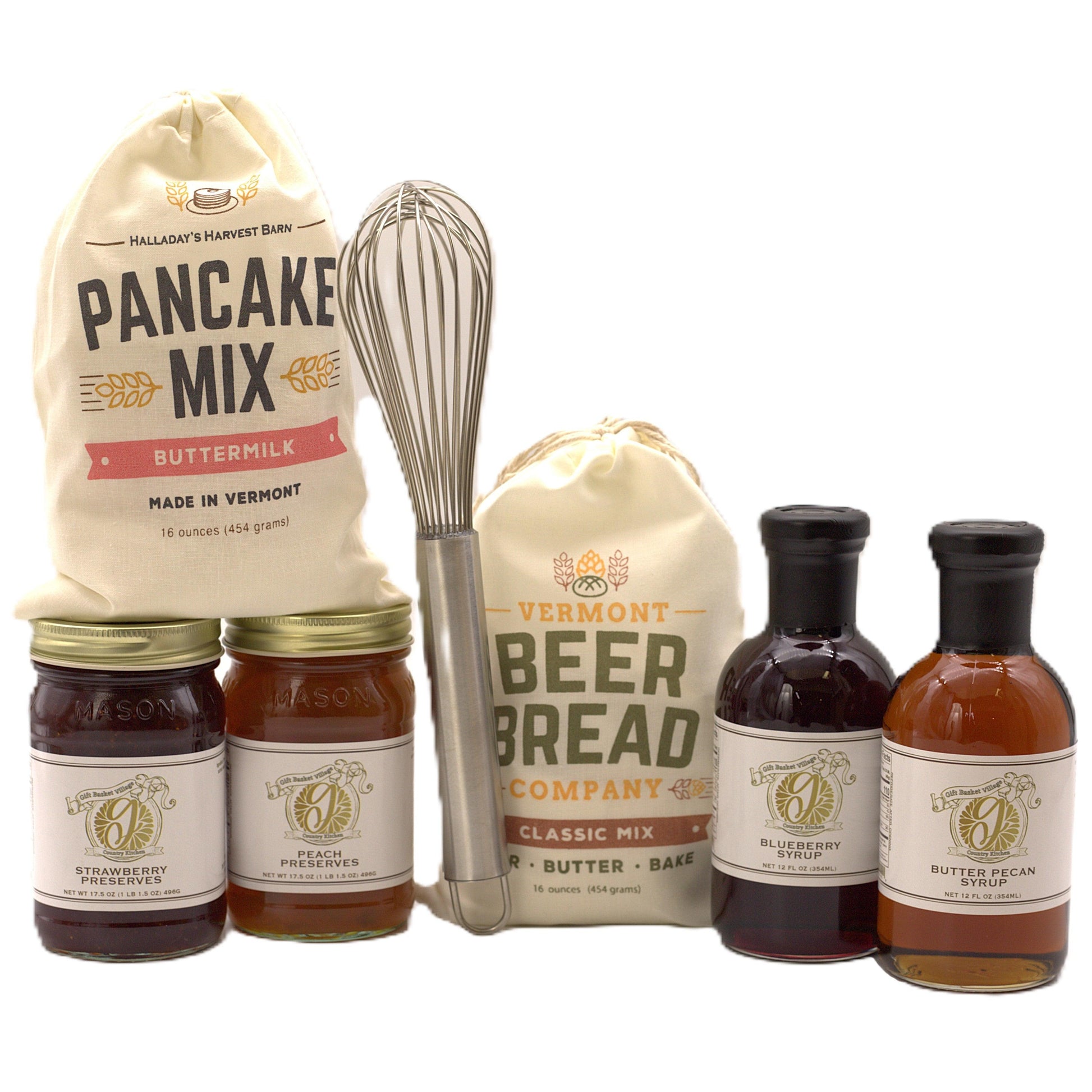 Breakfast gift set: pancake mix and beer bread pouches, whisk, and syrup jars