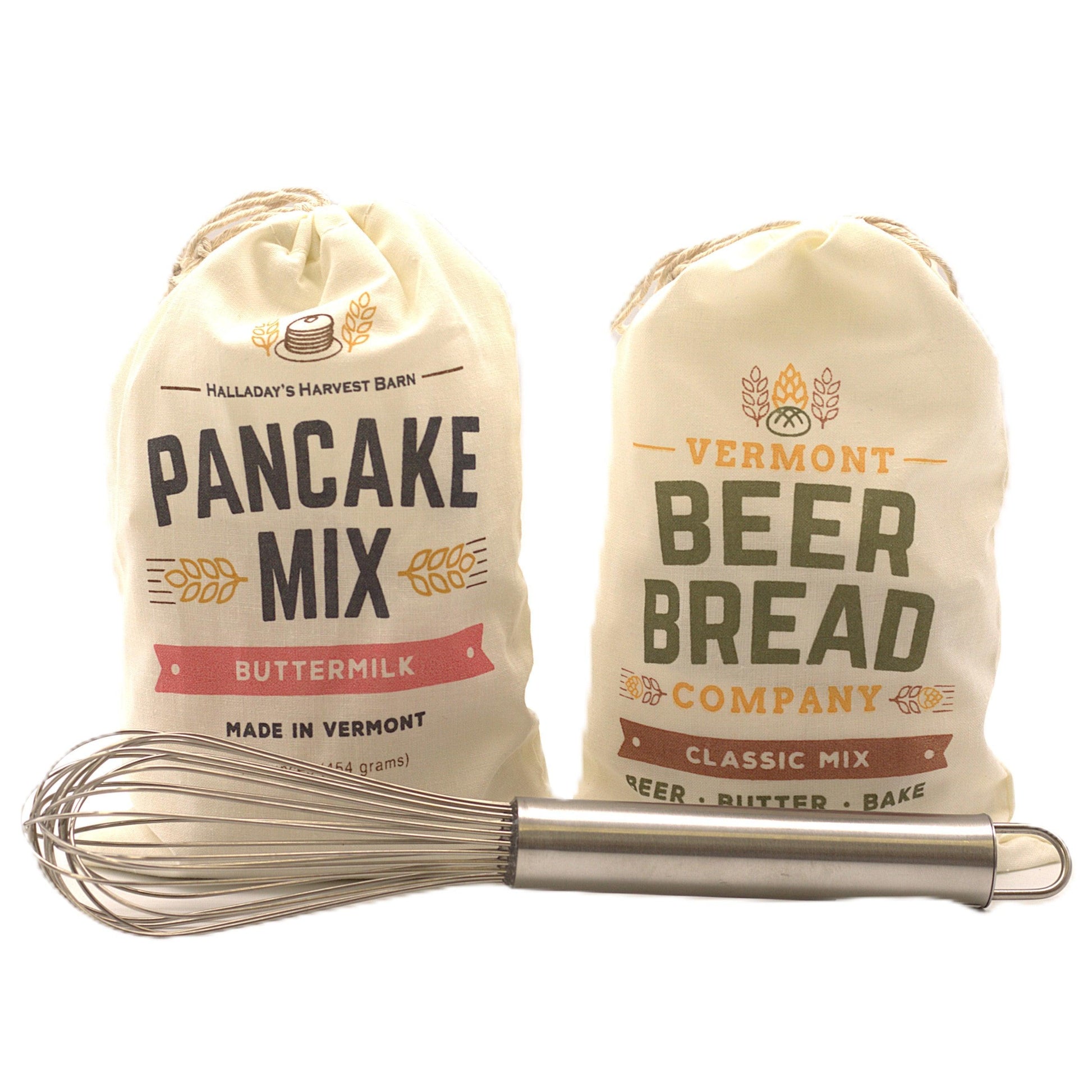 Pancake mix and beer bread mix pouches with metal whisk handle