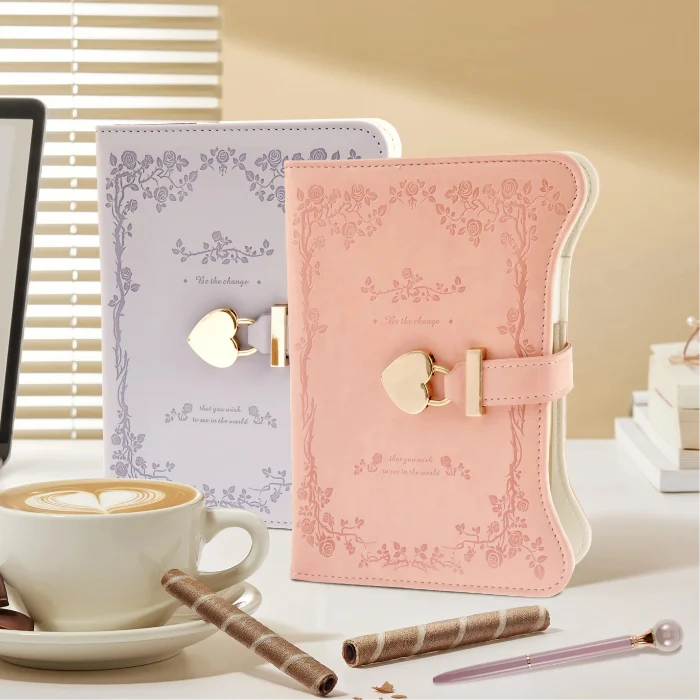 Kawaii Pastel Diary with Heart Lock – 360 Page PU Leather Locked Journal | B6 | Pink & Lilac | Cute Diary Gift