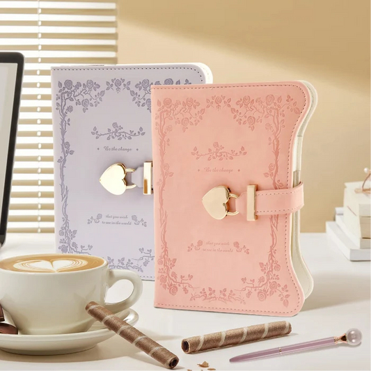 Kawaii Pastel Diary with Heart Lock – 360 Page PU Leather Locked Journal | B6 | Pink & Lilac | Cute Diary Gift