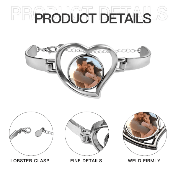 Silver-tone heart photo bracelet with clasp and inset photo, shown with detail callouts