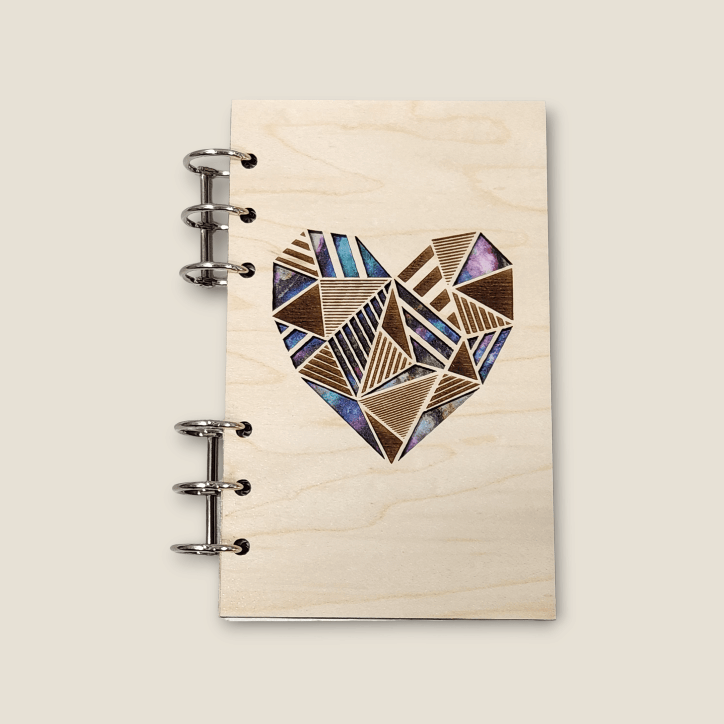 Wood refillable notebook with blue and gold heart design and metal binder rings